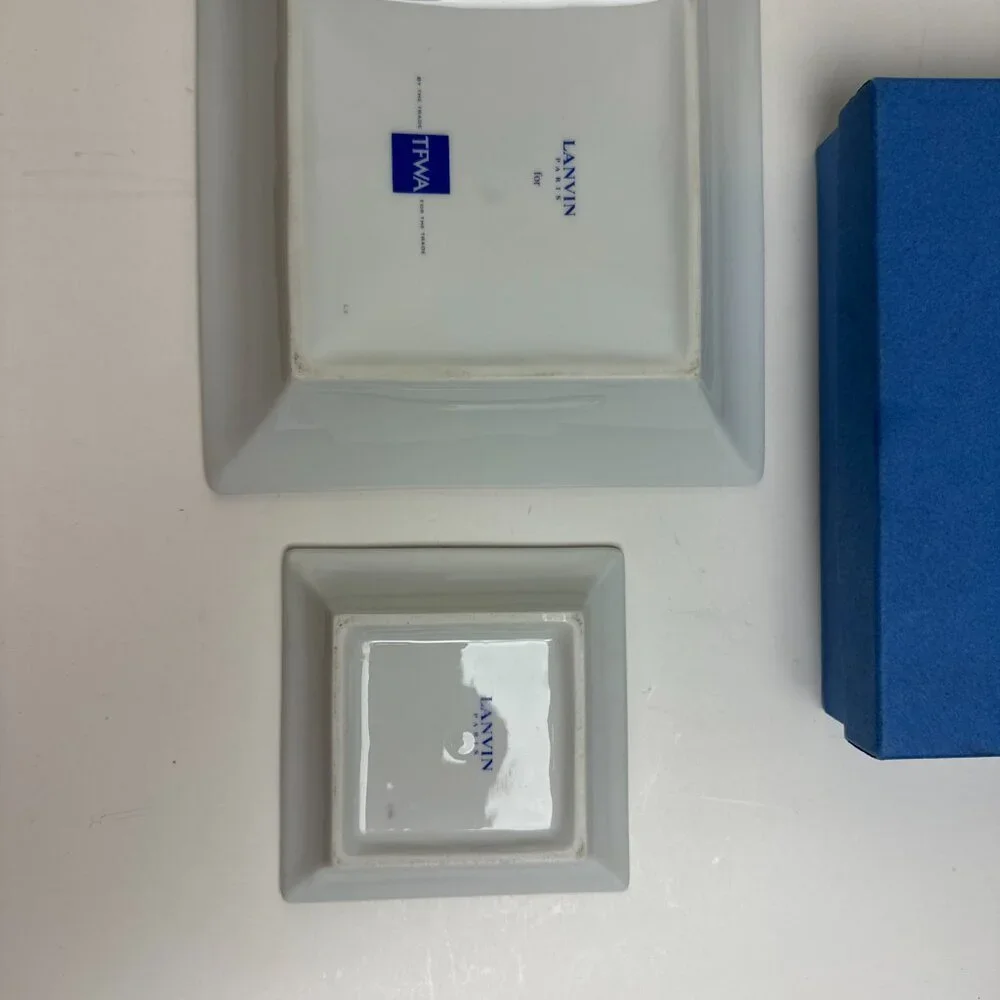 Lanvin Paris Porcelain Set of 2 Serving plate dish Trinket Dish White & Blue